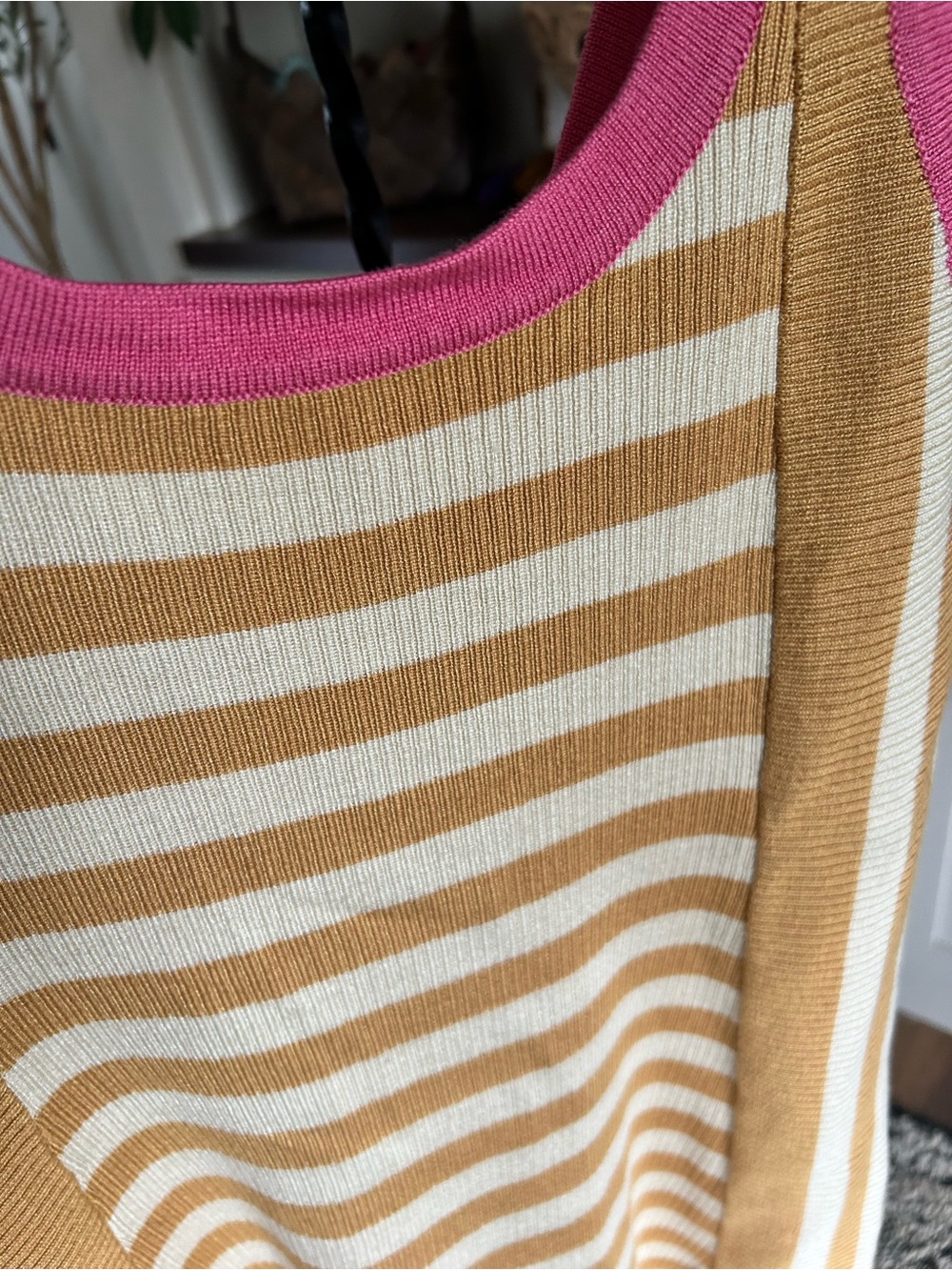 Striped Knit Sweater Dress in Mustard, Cream & Pink Trim - Picture 2 of 5
